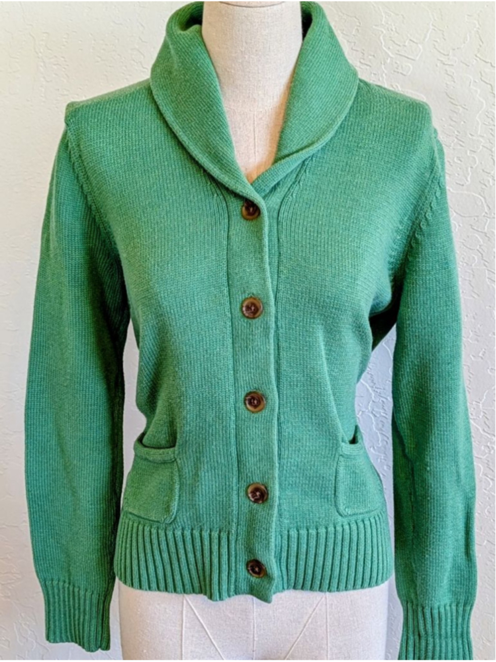 Lands' End Green Cotton Cardigan Shawl Collar Button Front Preppy Cottagecore